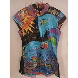 Vintage Y2K Eastern Collection Cheongsam Blouse Glitter Vibrant Horse Sheer M